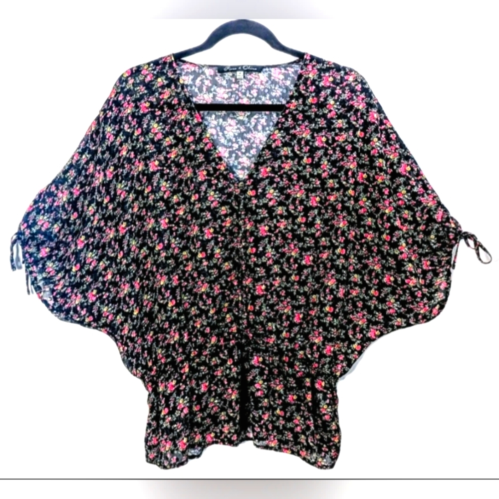 Rose & Olive Sheer Floral Kimono Sleeve Top Size M Blousy V Neck Elastic Waist